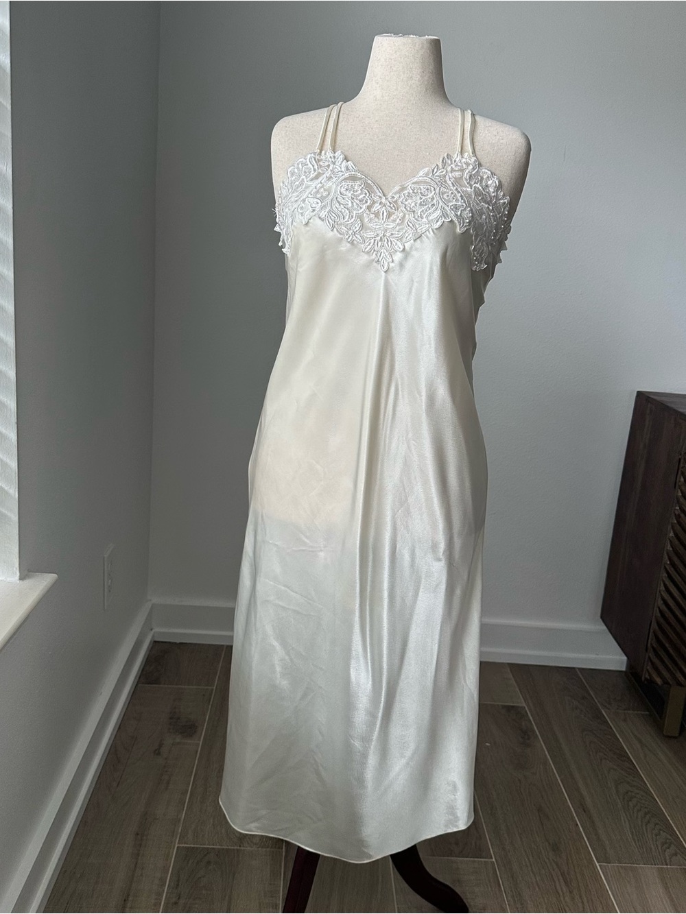 Lord & Taylor Ivory Lace-Trim Satin Slip Dress